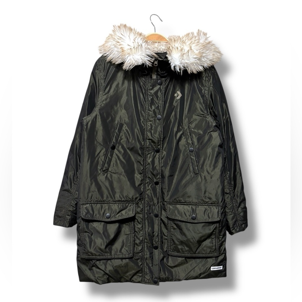 Converse Olive Green Down Winter Parka Coat with Faux Fur Hood Size Large